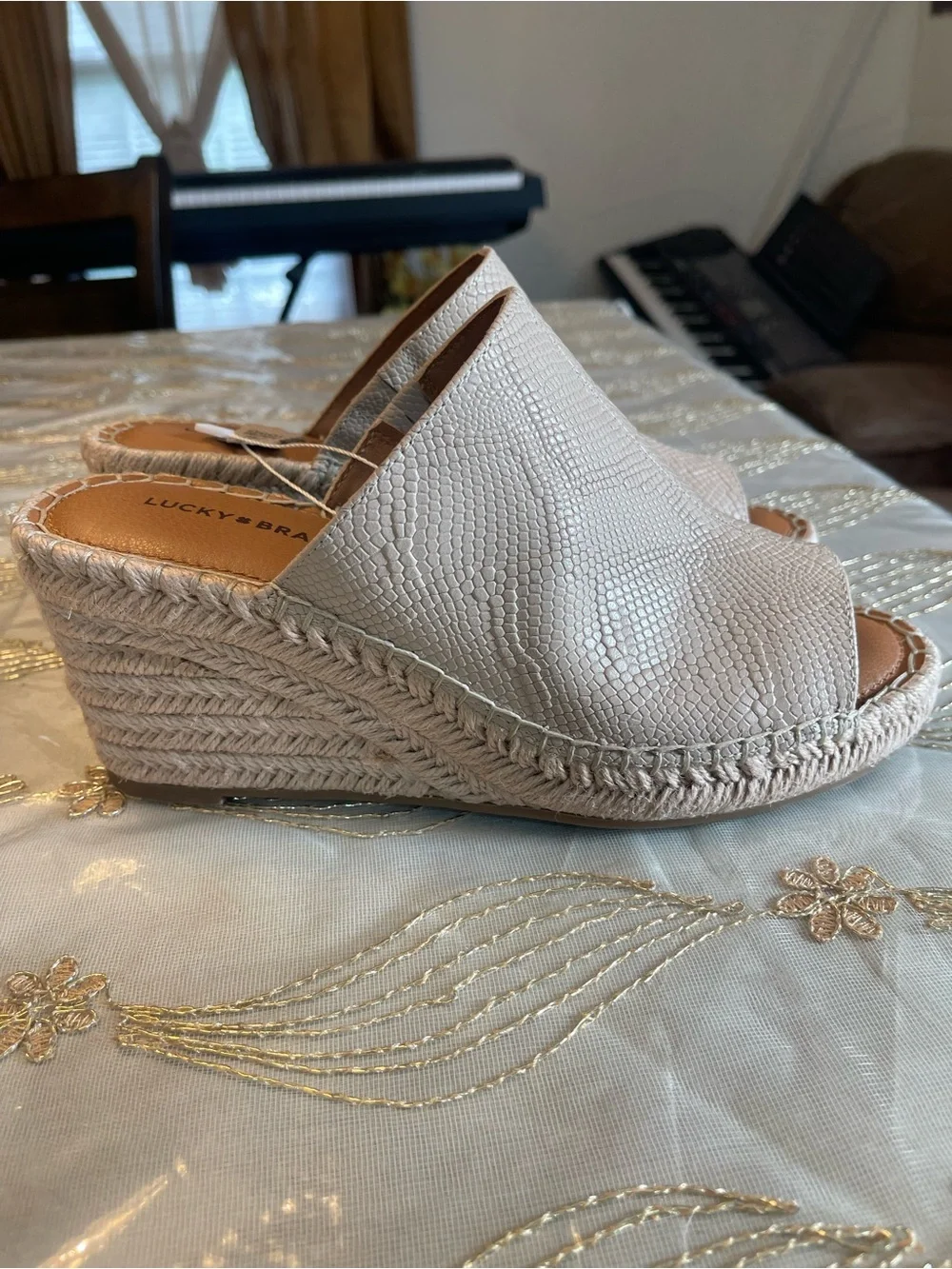 Lucky Brand Cream Textured Espadrille Wedge Slides genuine leather bone 8.5